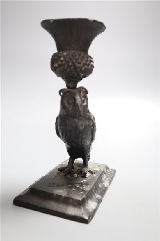 A bronze owl candlestick, signed Barries, height 14cm